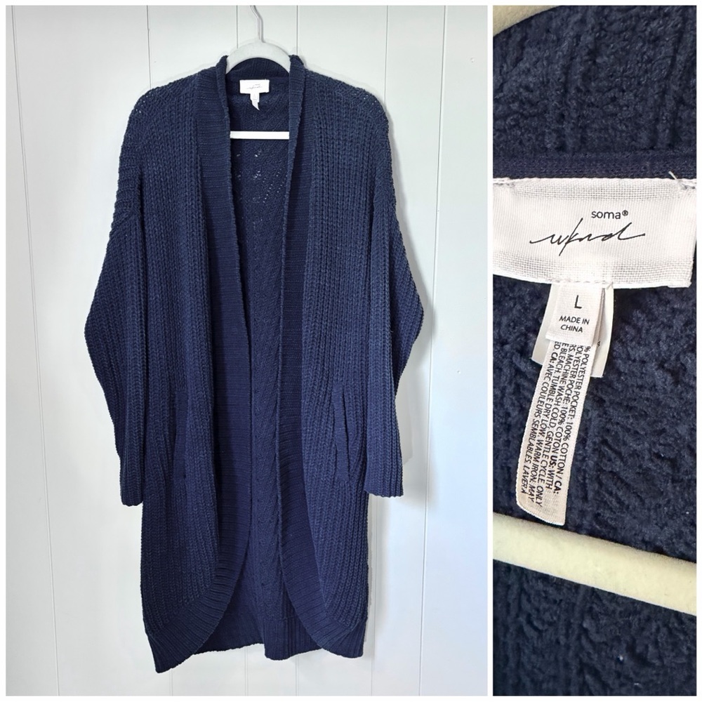 Soma Wknd Duster Cardigan Sweater Navy Long Chunky Cozy Large
